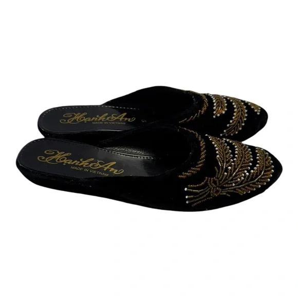 Huma Blanco HAND BEADED Slippers Black Velvet Elegant Beaded size 9 US women - Picture 4 of 8